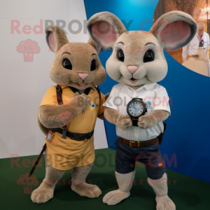 Tan Chinchilla mascot costume character dressed with a Polo Shirt and Smartwatches