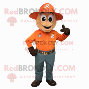 Orange Fire Fighter mascot costume character dressed with a Button-Up Shirt and Earrings