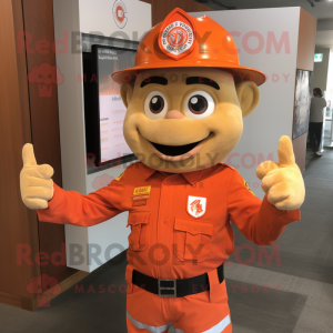 Orange Fire Fighter mascot costume character dressed with a Button-Up Shirt and Earrings
