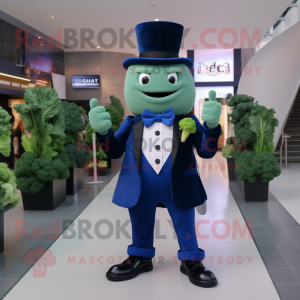 Blue Broccoli mascot costume character dressed with a Tuxedo and Smartwatches