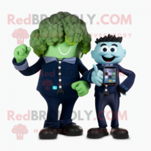 Blue Broccoli mascot costume character dressed with a Tuxedo and Smartwatches