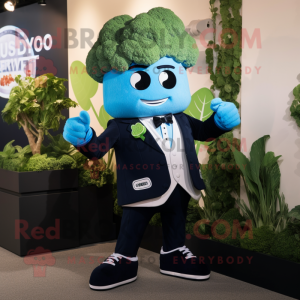 Blue Broccoli mascot costume character dressed with a Tuxedo and Smartwatches