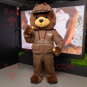 Brown Commando mascot costume character dressed with a Sweatshirt and Hair clips