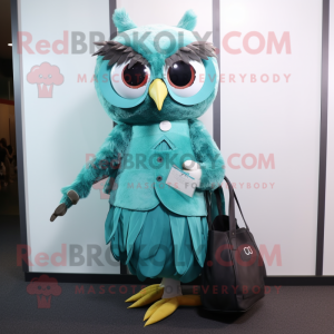 Teal Owl mascot costume character dressed with a A-Line Skirt and Clutch bags