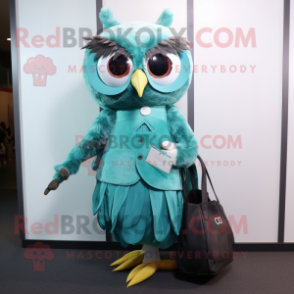 Teal Owl mascot costume character dressed with a A-Line Skirt and Clutch bags