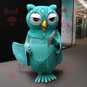 Teal Owl mascot costume character dressed with a A-Line Skirt and Clutch bags