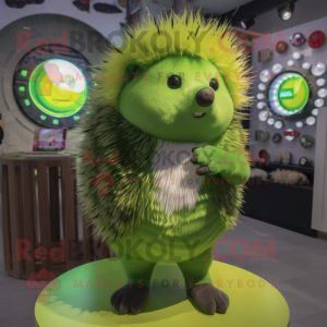 Lime Green Porcupine mascot costume character dressed with a Playsuit and Brooches