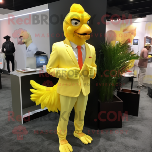 Lemon Yellow Roosters mascot costume character dressed with a Suit Pants and Lapel pins