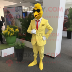 Lemon Yellow Roosters mascot costume character dressed with a Suit Pants and Lapel pins