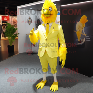 Lemon Yellow Roosters mascot costume character dressed with a Suit Pants and Lapel pins