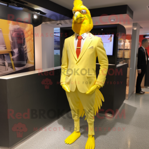 Lemon Yellow Roosters mascot costume character dressed with a Suit Pants and Lapel pins