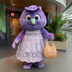 Lavender Kiwi mascot costume character dressed with a A-Line Dress and Coin purses