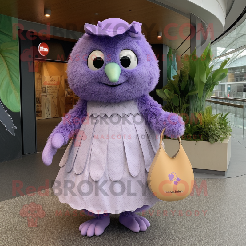 Lavender Kiwi mascot costume character dressed with a A-Line Dress and Coin purses Lavender Kiwi mascot costume character dressed with a A-Line Dress and Coin purses