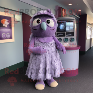 Lavender Kiwi mascot costume character dressed with a A-Line Dress and Coin purses