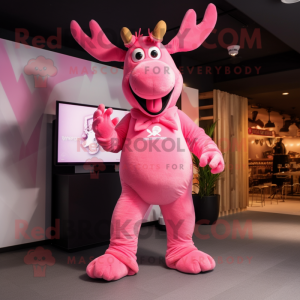 Pink Moose mascot costume character dressed with a Jumpsuit and Foot pads
