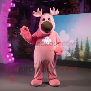 Pink Moose mascot costume character dressed with a Jumpsuit and Foot pads