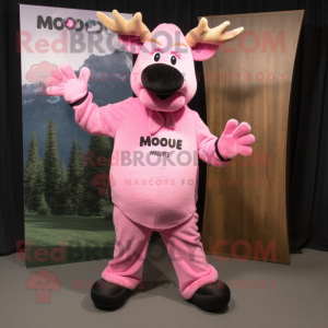 Pink Moose mascot costume character dressed with a Jumpsuit and Foot pads