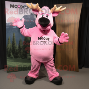 Pink Moose mascot costume character dressed with a Jumpsuit and Foot pads