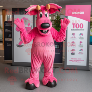 Pink Moose mascot costume character dressed with a Jumpsuit and Foot pads