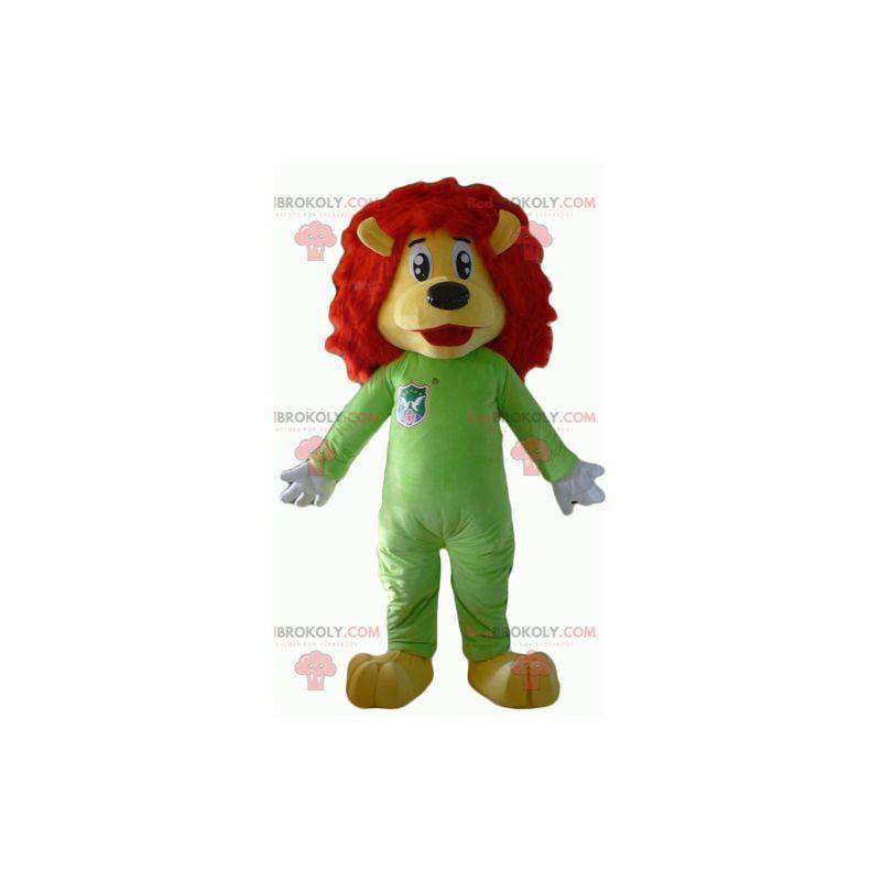 Mascote leão amarelo e vermelho com uma combinação verde -