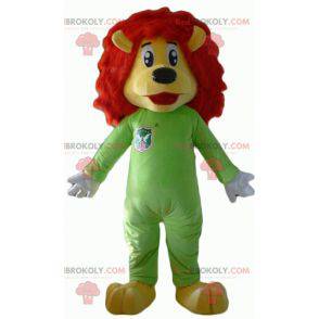 Mascotte de lion jaune et rouge avec une combinaison verte -