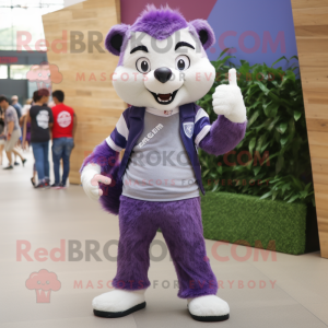 Purple Badger mascot costume character dressed with a Flare Jeans and Clutch bags