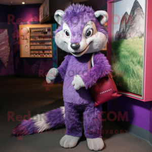 Purple Badger mascot costume character dressed with a Flare Jeans and Clutch bags