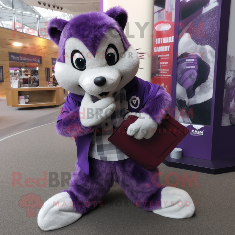 Purple Badger mascot costume character dressed with a Flare Jeans and Clutch bags Purple Badger mascot costume character dressed with a Flare Jeans and Clutch bags