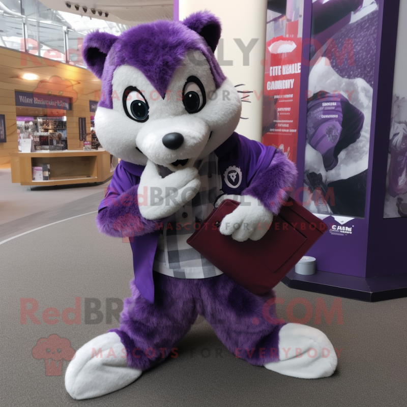 Purple Badger mascot costume character dressed with a Flare Jeans and Clutch bags