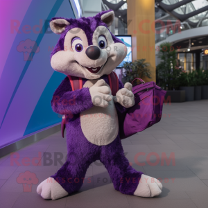 Purple Badger mascot costume character dressed with a Flare Jeans and Clutch bags
