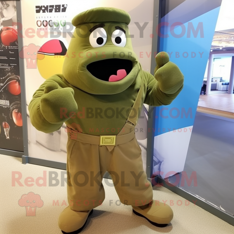 Olive Boxing Glove mascot costume character dressed with a Cargo Pants and Berets