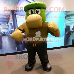 Olive Boxing Glove mascot costume character dressed with a Cargo Pants and Berets