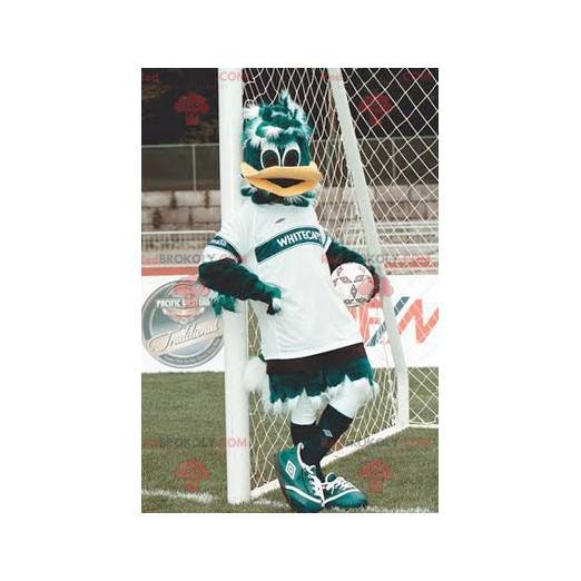 Mascota del pato verde y blanco en ropa deportiva -