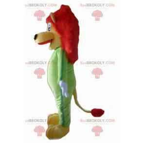 Mascote leão amarelo e vermelho com uma combinação verde -