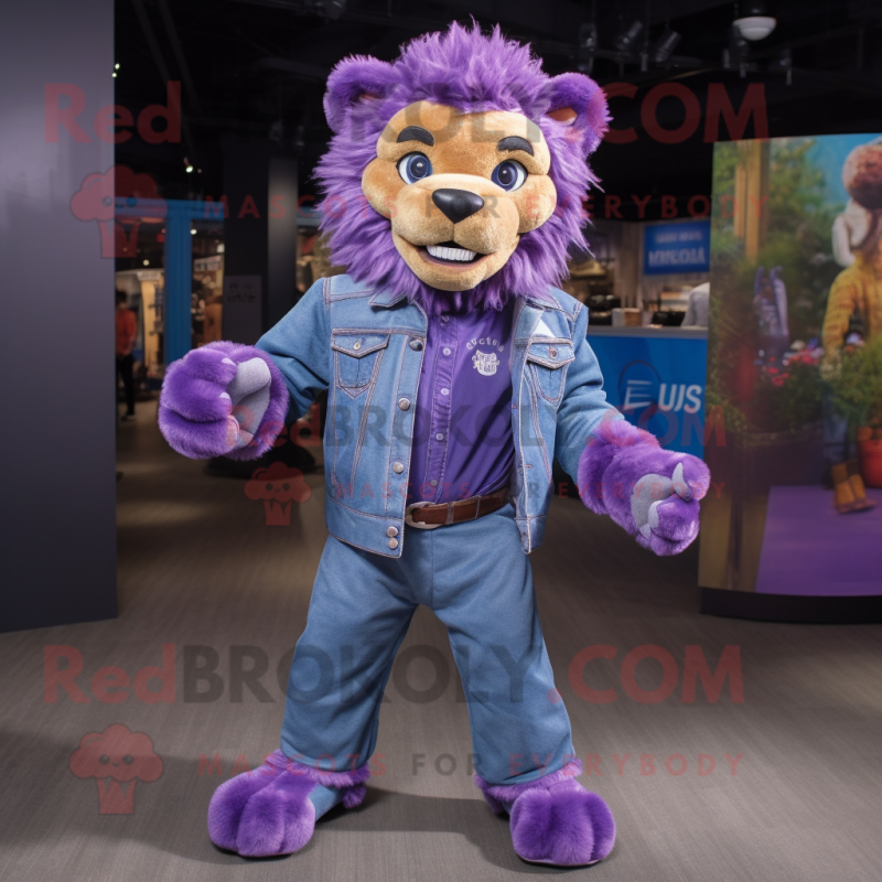 Purple Lion mascot costume character dressed with a Denim Shirt and Shawl pins