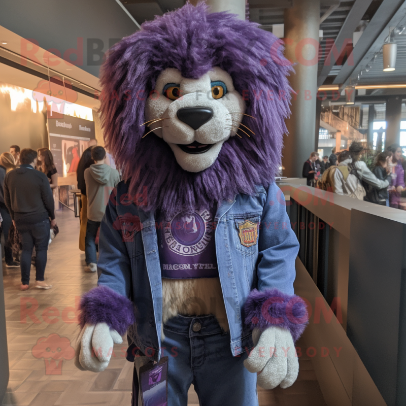 Purple Lion mascot costume character dressed with a Denim Shirt and Shawl pins Purple Lion mascot costume character dressed with a Denim Shirt and Shawl pins