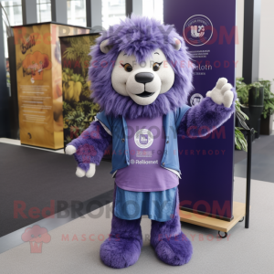 Purple Lion mascot costume character dressed with a Denim Shirt and Shawl pins