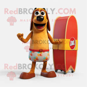 Rust Hot Dog mascot costume character dressed with a Board Shorts and Shoe clips