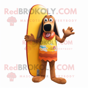 Rust Hot Dog mascot costume character dressed with a Board Shorts and Shoe clips