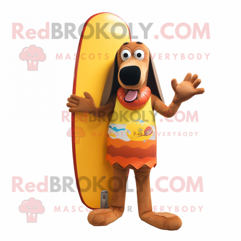 Rust Hot Dog mascot costume character dressed with a Board Shorts and Shoe clips Rust Hot Dog mascot costume character dressed with a Board Shorts and Shoe clips