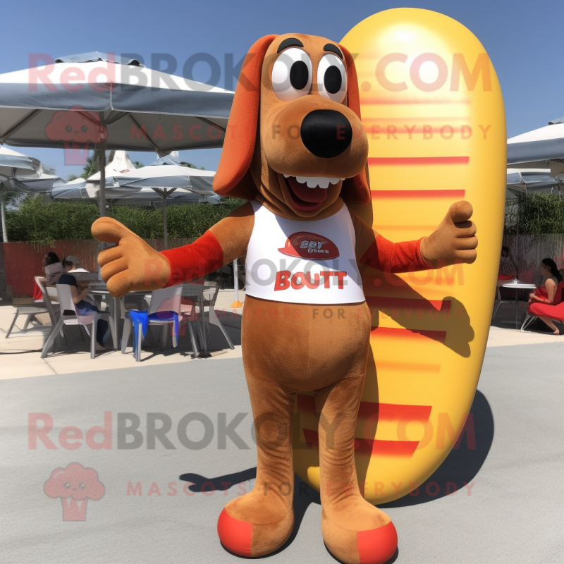 Rust Hot Dog mascot costume character dressed with a Board Shorts and Shoe clips Rust Hot Dog mascot costume character dressed with a Board Shorts and Shoe clips