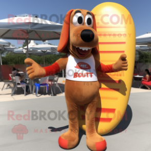 Rust Hot Dog mascot costume character dressed with a Board Shorts and Shoe clips