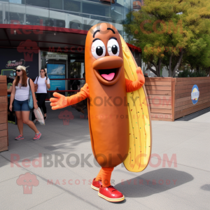 Rust Hot Dog mascot costume character dressed with a Board Shorts and Shoe clips