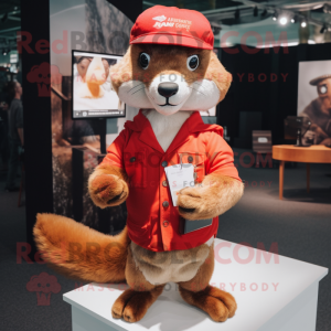 Red Marten mascot costume character dressed with a Henley Shirt and Hat pins