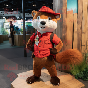 Red Marten mascot costume character dressed with a Henley Shirt and Hat pins
