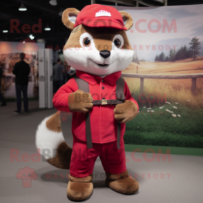 Red Marten mascot costume character dressed with a Henley Shirt and Hat pins