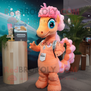 Peach Seahorse mascot costume character dressed with a Graphic Tee and Headbands
