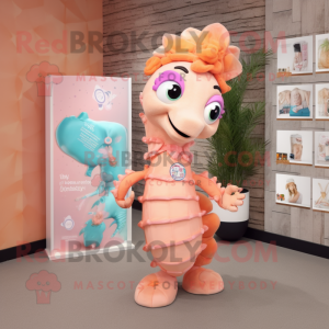 Peach Seahorse mascot costume character dressed with a Graphic Tee and Headbands