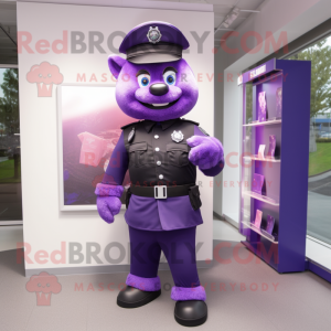 Purple Police Officer mascot costume character dressed with a Ball Gown and Bow ties