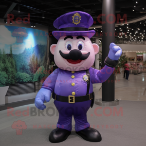 Purple Police Officer mascot costume character dressed with a Ball Gown and Bow ties